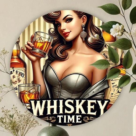 Retro 1950s Style Tin Sign • Whiskey Time •Big Boobed Brunette Pin-Up Girl •8 x8 - Picture 2 of 6
